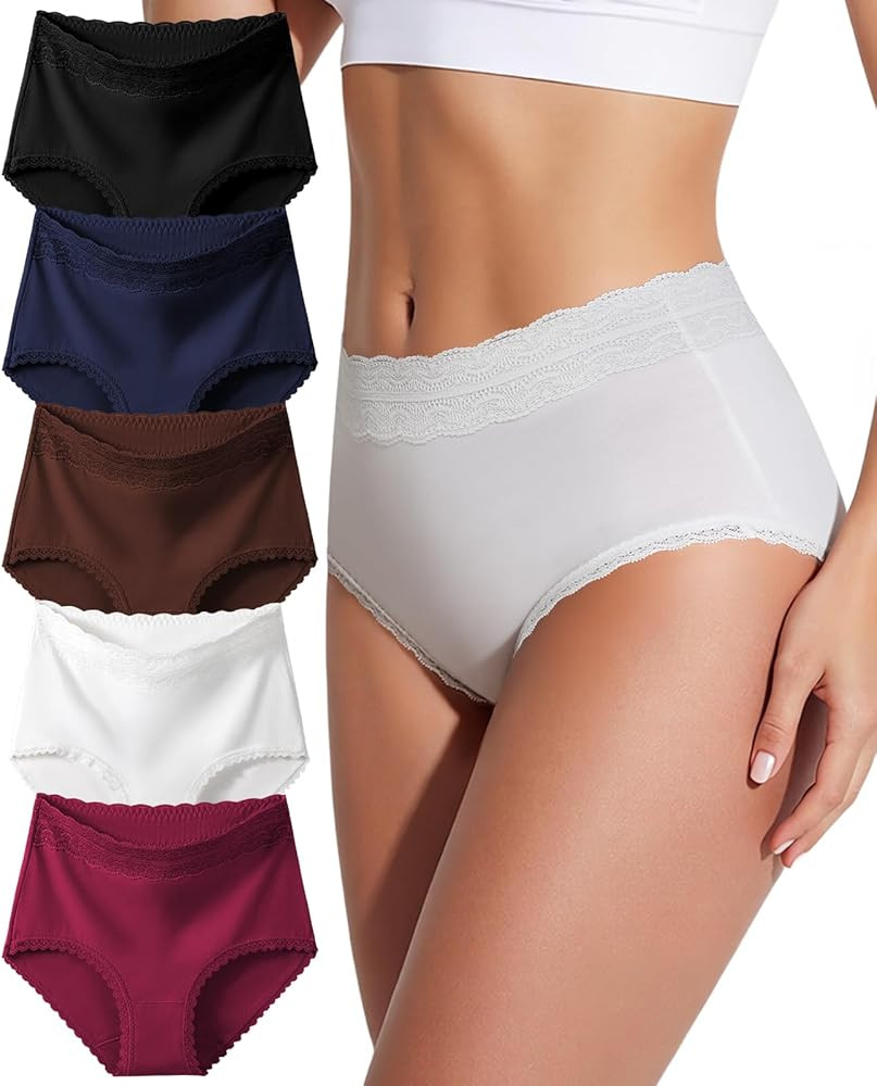 SDEOER Women's Cotton Underwear Lace Stretchy High Waisted Ladies Panties Breathable Briefs 5 Pac... | Amazon (US)