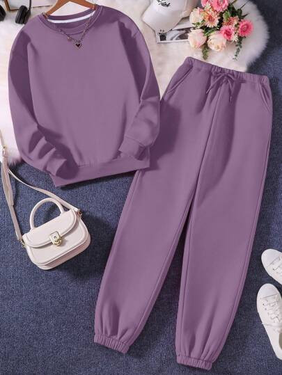 SHEIN EZwear Vrouwen Effen kleur Hoodie En Trekkoord Joggingbroek Sets | SHEIN