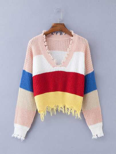 Striped Colorblock Ripped Jumper | SHEIN