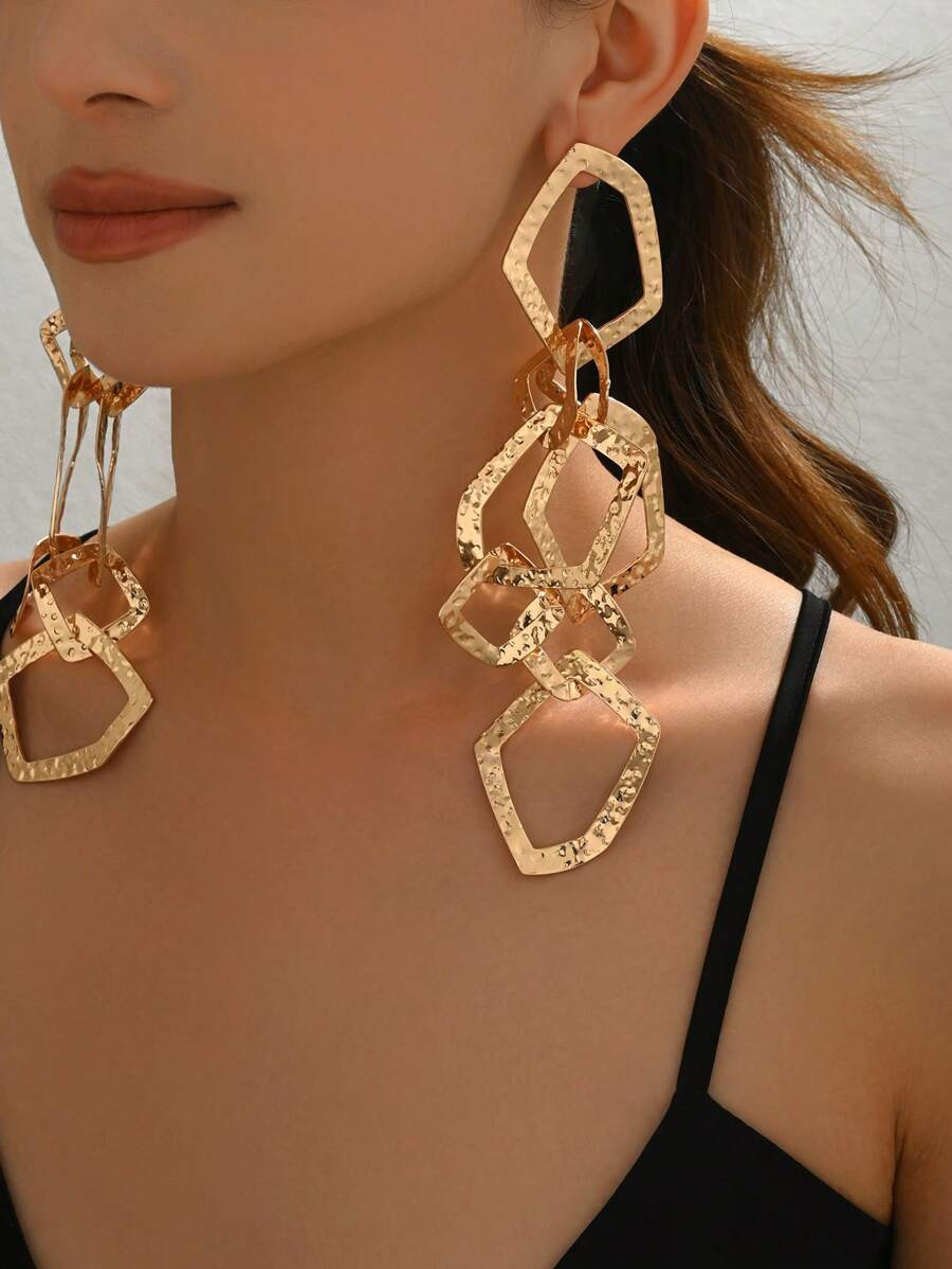 1 Pair European & American Exaggerated Metal Women's Fashion Earrings, Creative Asymmetrical Geom... | SHEIN