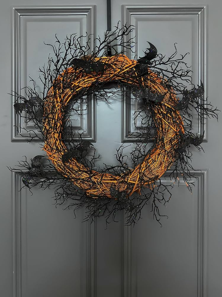 28" Large Halloween Wreath for Front Door, Orange Natural Grapevine Wreath with Faux Black Twigs ... | Amazon (CA)