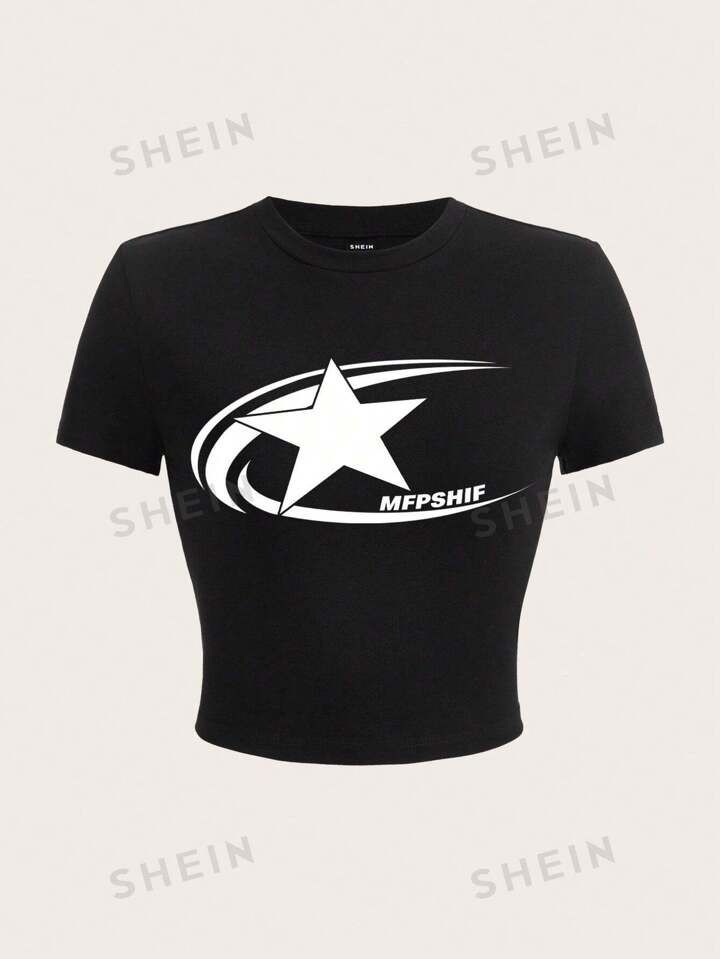SHEIN EZwear Plus Size Star & Letter Printed Short Sleeve T-Shirt | SHEIN