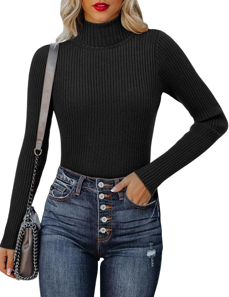 onlypuff Women's Turtleneck T Shirts Slim Fitted Fall Ribbed Knit Casual Long Sleeve Tee Tops | Amazon (CA)
