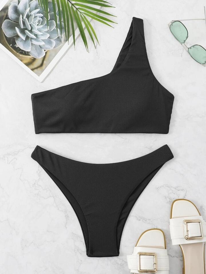 Rib One Shoulder Bikini Swimsuit | SHEIN