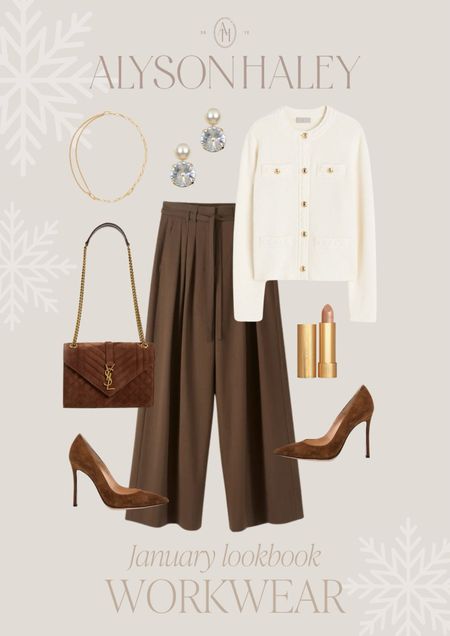 Winter workwear outfit idea. I love these wide leg pants and gold button cardigan. 

#LTKSeasonal #LTKstyletip #LTKworkwear