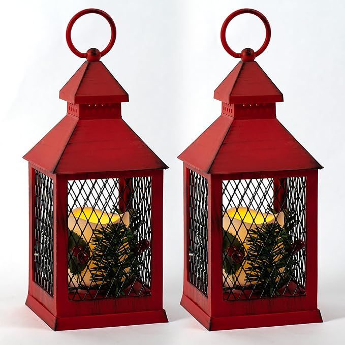 Yongmao Christmas Decorative Lantern LED Candle with Timer Vintage Christmas Red Distressed Pine ... | Amazon (US)
