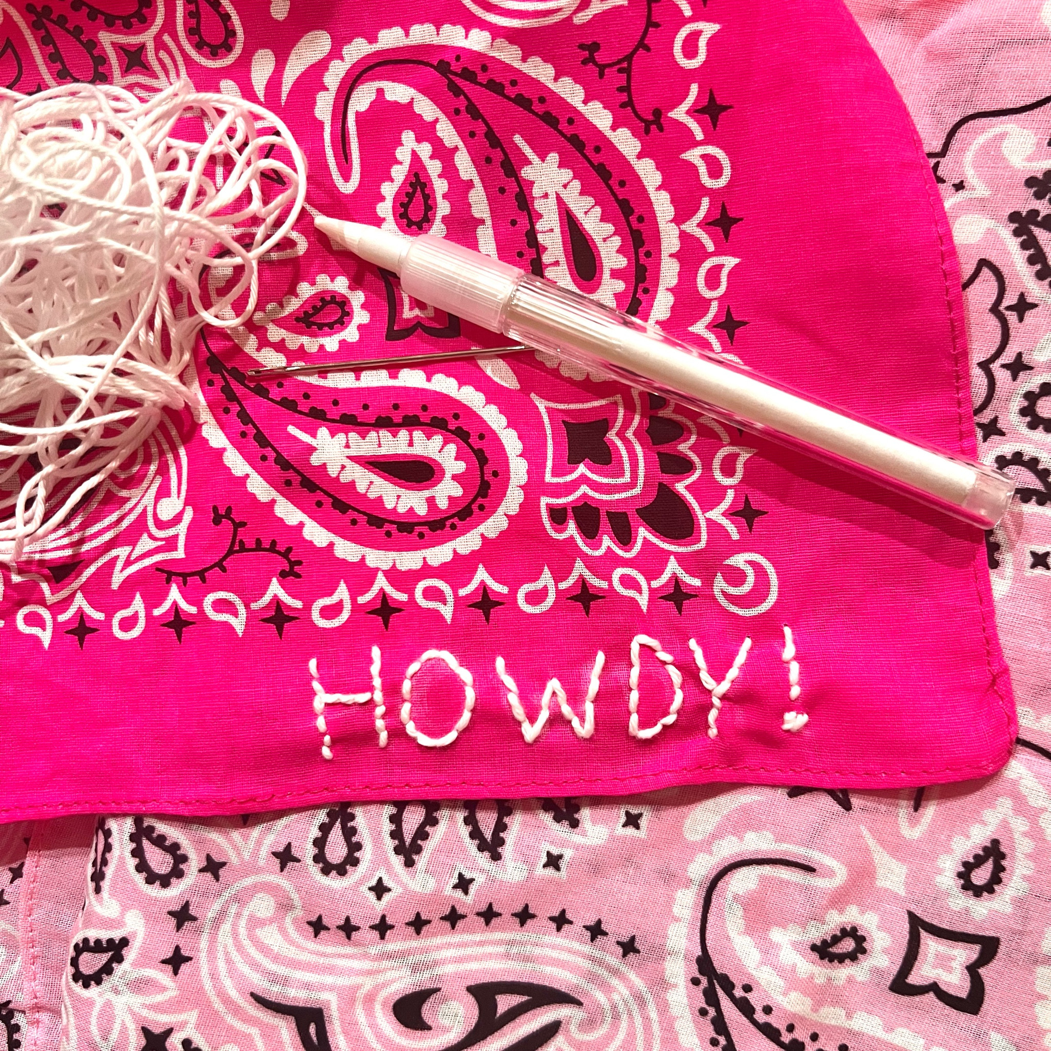 Howdy! I tried my hand at embroidery on a bandana for an upcoming adventure. It wasn’t too tough, though just this one took me an hour. 🤣🤪

The soapstone pen was super helpful - linking everything I used, the directions I follow recommended bandanas be 100% cotton. 

What word should I do next!? 

#LTKfamily #LTKSeasonal