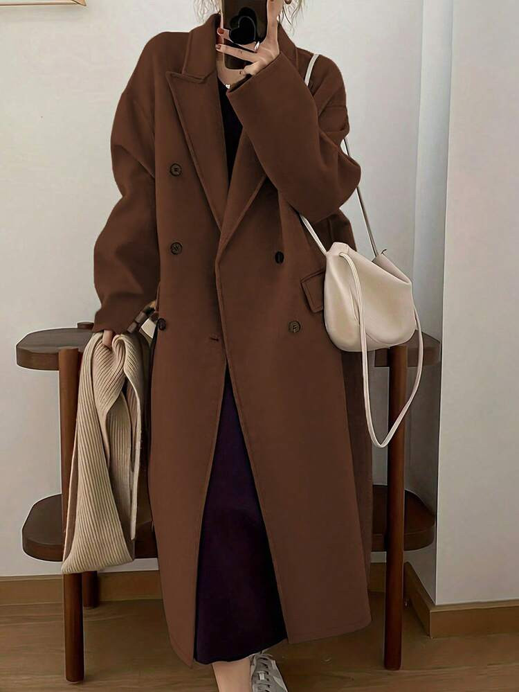 EMERY ROSE Women's Long Gray Wool Coat With Buttons, Warm For Autumn | SHEIN
