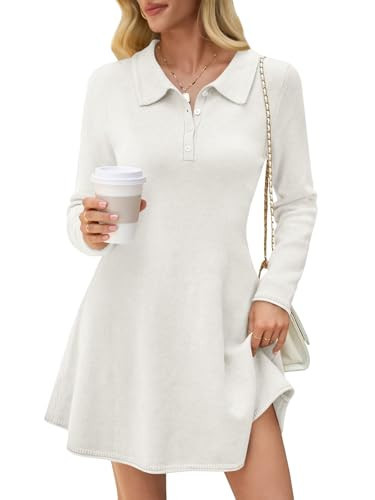Saodimallsu Womens Sweater Dress 2025 Fall Polo Collared Long Sleeve Button V Neck A line Preppy Knit Dresses White | Amazon (US)