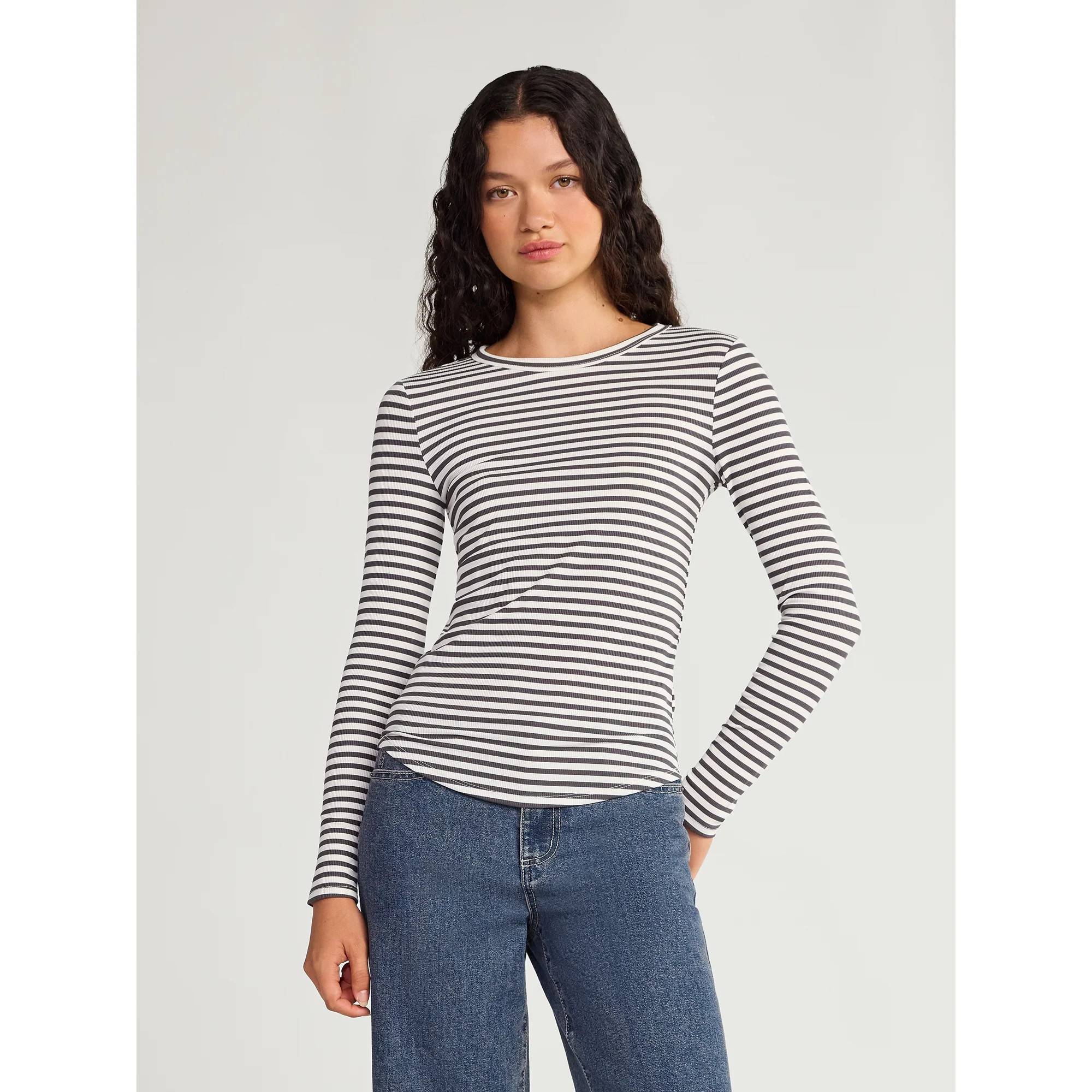 No Boundaries Ribbed Crewneck Tee with Long Sleeves, 1 or 2-Pack, Women's & Women's Plus | Walmart (US)