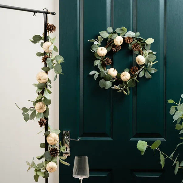 Artificial Pumpkin & Eucalyptus Wreath and Garland | Dunelm
