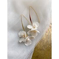 Gold Bridal Earrings Flower Bride Wedding Long Botanical Floral White Flower Boho Wedding Earring | Etsy (US)