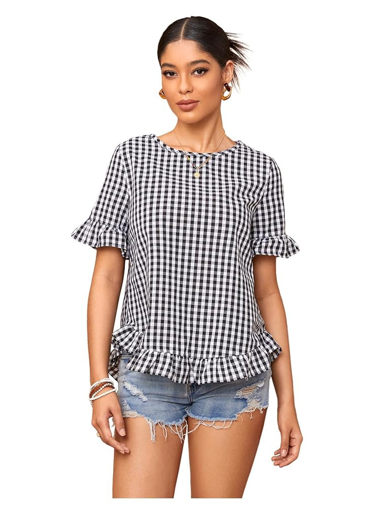 Floerns Women's Ruffle Trim Short Sleeve Gingham Print Casual Blouse Top | Amazon (US)