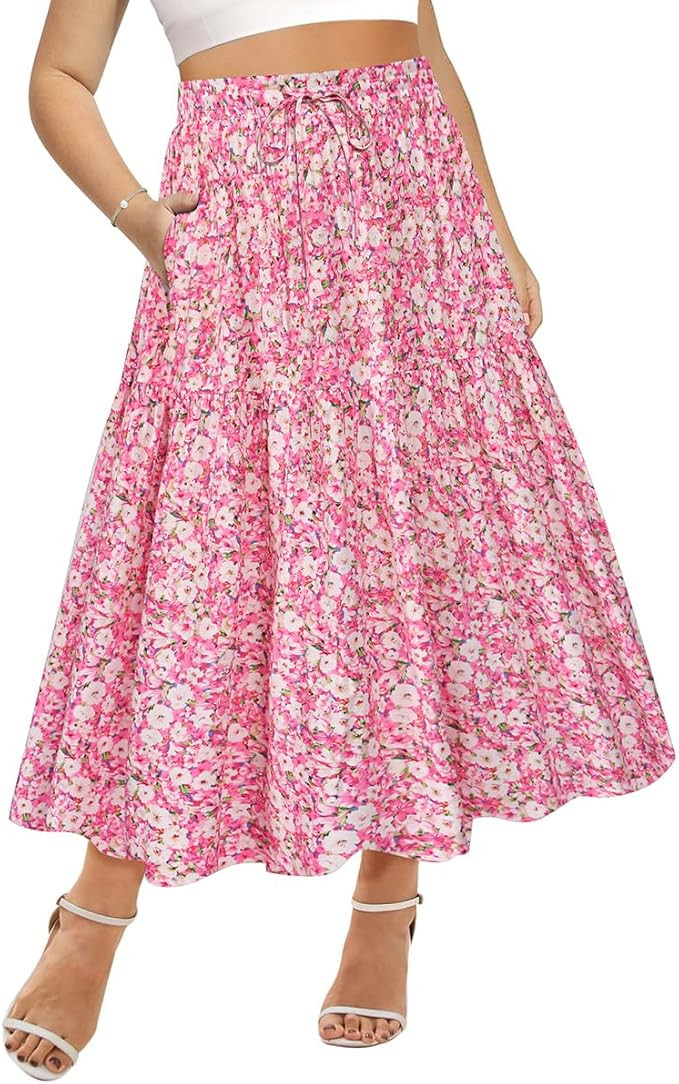 CARCOS Plus Size Skirts for Curvy Women Elastic High Waist Boho Maxi Skirt Pleated A-Line Tiered ... | Amazon (US)