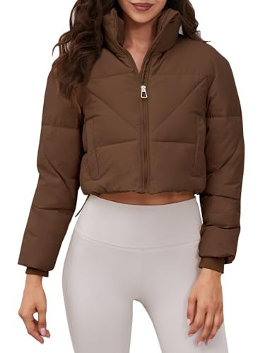 Ogfao Women's Cropped Puffer Jacket Stand Collar Pockets Baggy Jackets Short Warm Quilted Jacket Padded Winter Coat Brown M 2 | Amazon (US)