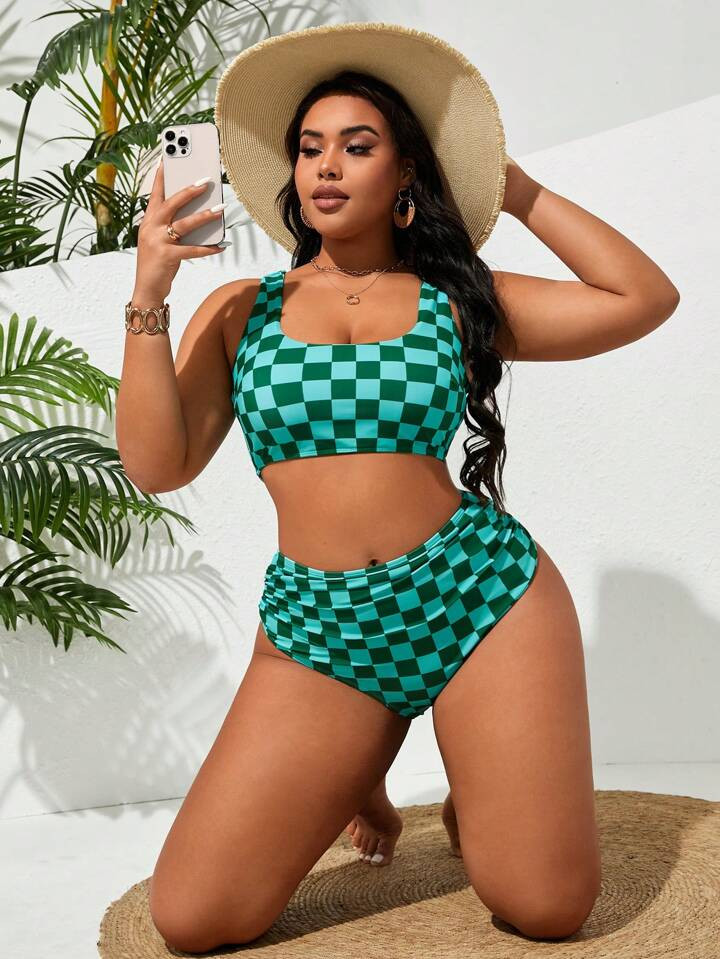 SHEIN Swim Curve Plus Size Plaid Printed Bikini Set With Ruffled Bikini Set And High Waisted Bott... | SHEIN