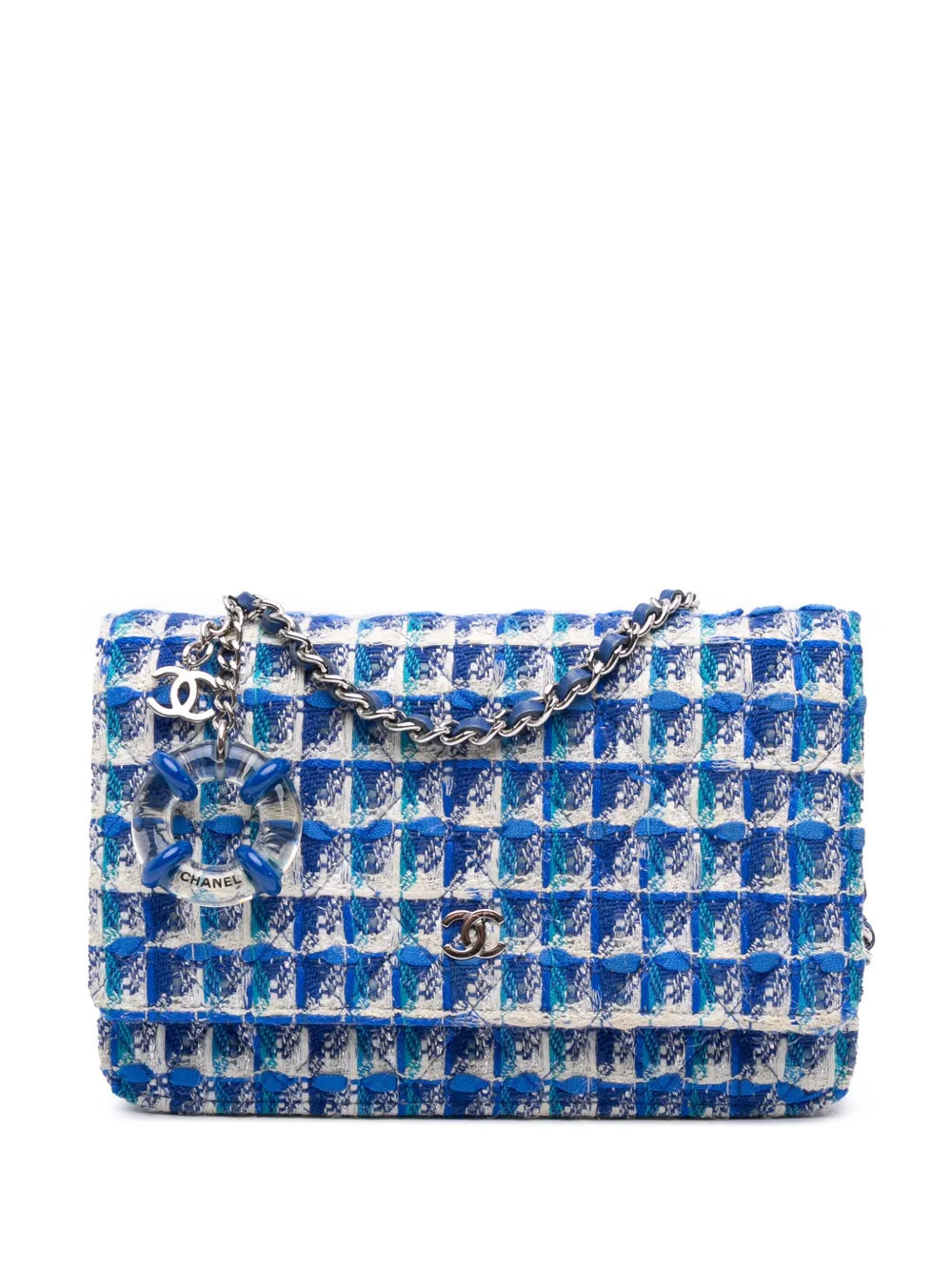 CHANEL Pre-Owned 2019 Quilted Boucle Tweed Charm Wallet On Chain crossbody bag - Blue | Farfetch Global