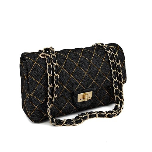 M-ioi-M Vintage Quilted Denim Shoulder Bag for Women, Chain Strap, Small | Amazon (US)