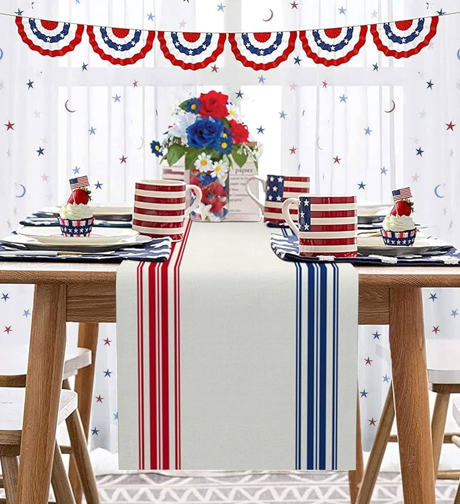 Independence Day Red Blue Stripes 4th of July Cotten Line Patriotic Table Runner 13x90inch Simple... | Amazon (US)