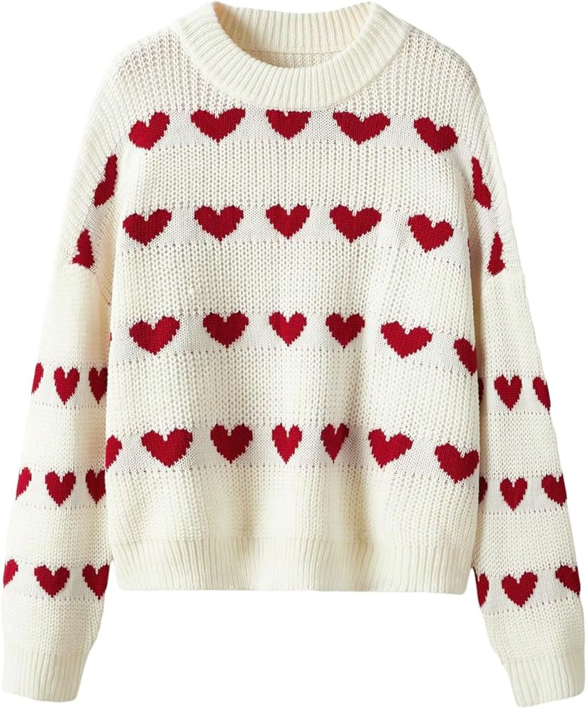Verdusa Women's Heart Print Long Sleeve Round Neck Sweater Drop Shoulder Knit Pullovers | Amazon (US)
