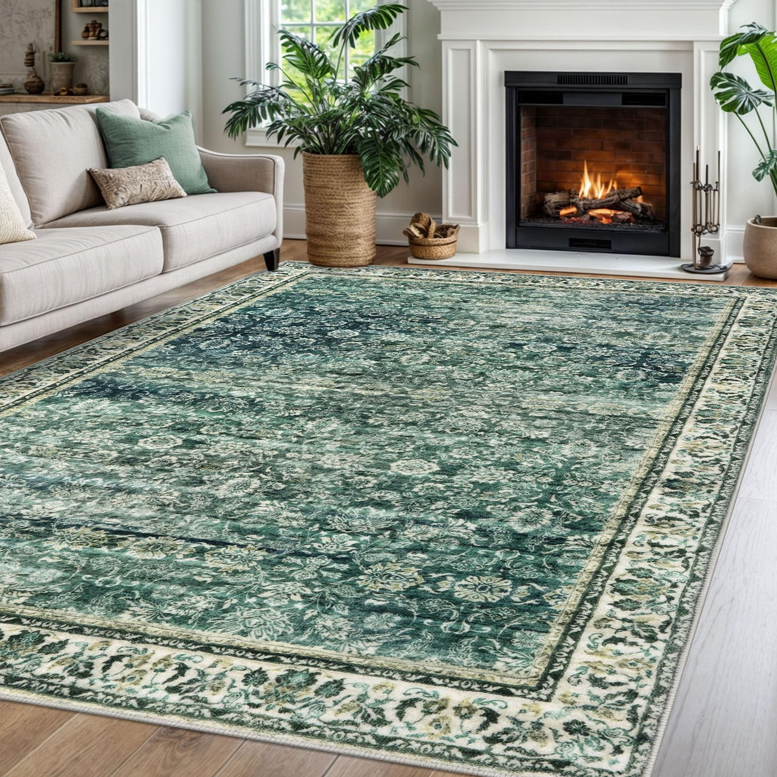 Green Blue 6x9 Area Rug for Living Room, Large Washable Bedroom Rugs, Soft Vintage Floral Non-Sli... | Amazon (US)
