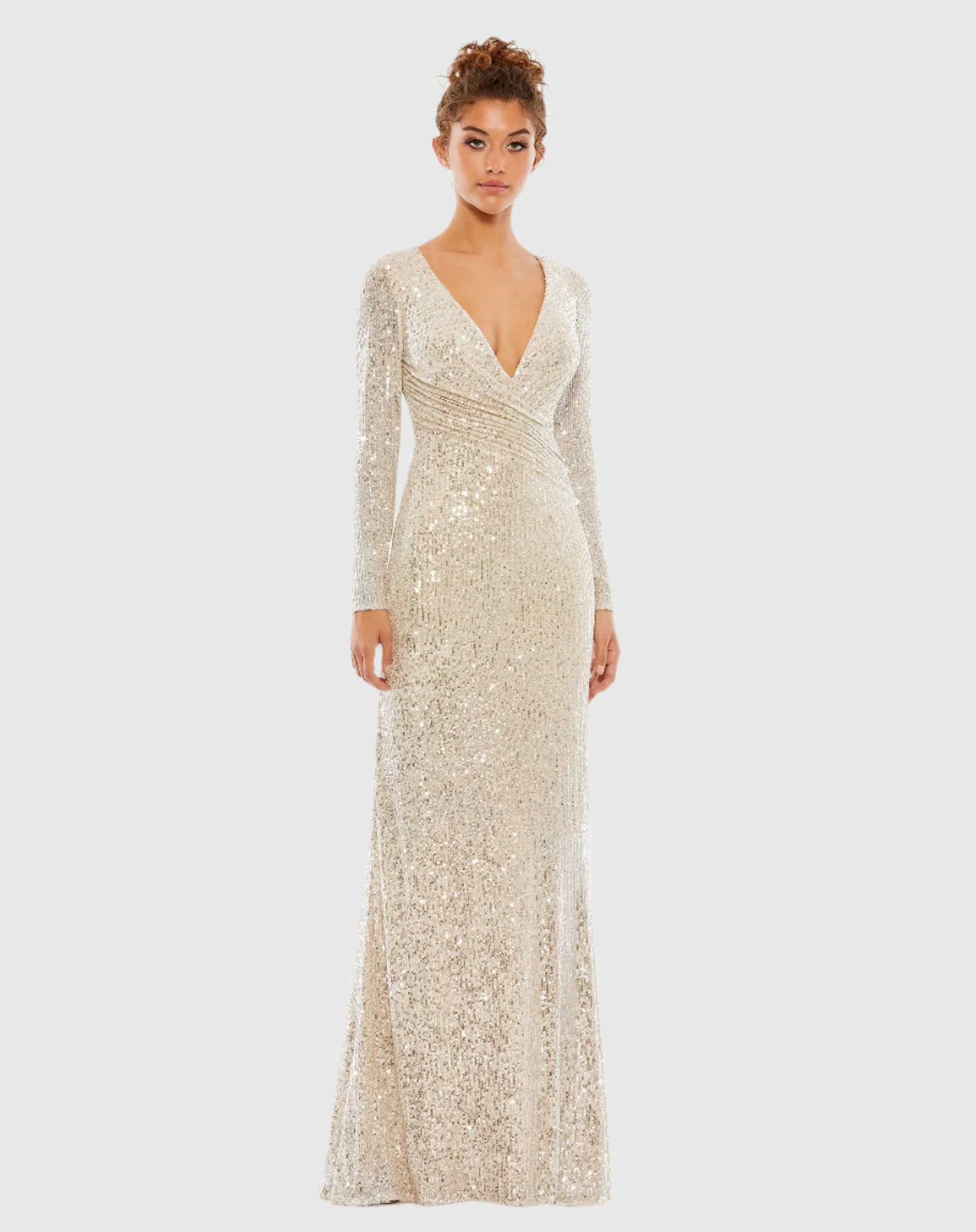 Sequined Faux Wrap Long Sleeve Column Gown | Mac Duggal