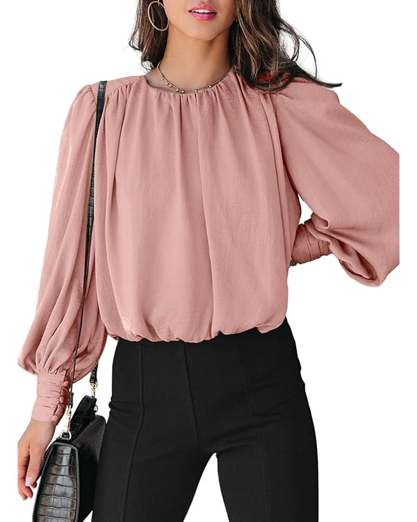 Dokotoo Women's Tops Blouses for Women Casual Long Sleeve Shirts Crew Neck Bohemian Solid Color S... | Amazon (US)
