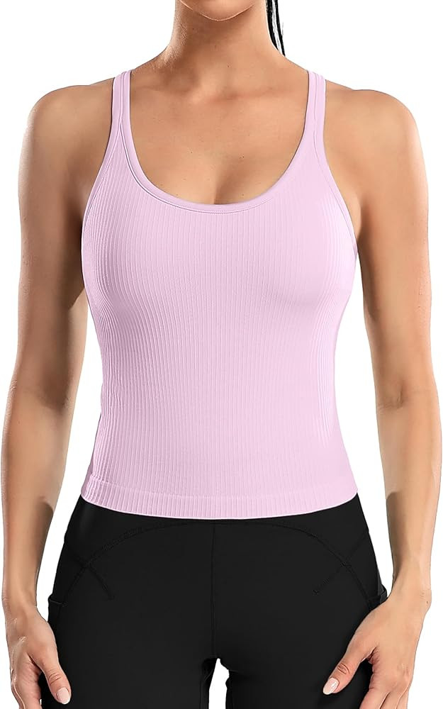 ATTRACO Women Ribbed Workout Crop Tops with Built in Bra Yoga Racerback Tank Top Tight Fit | Amazon (US)