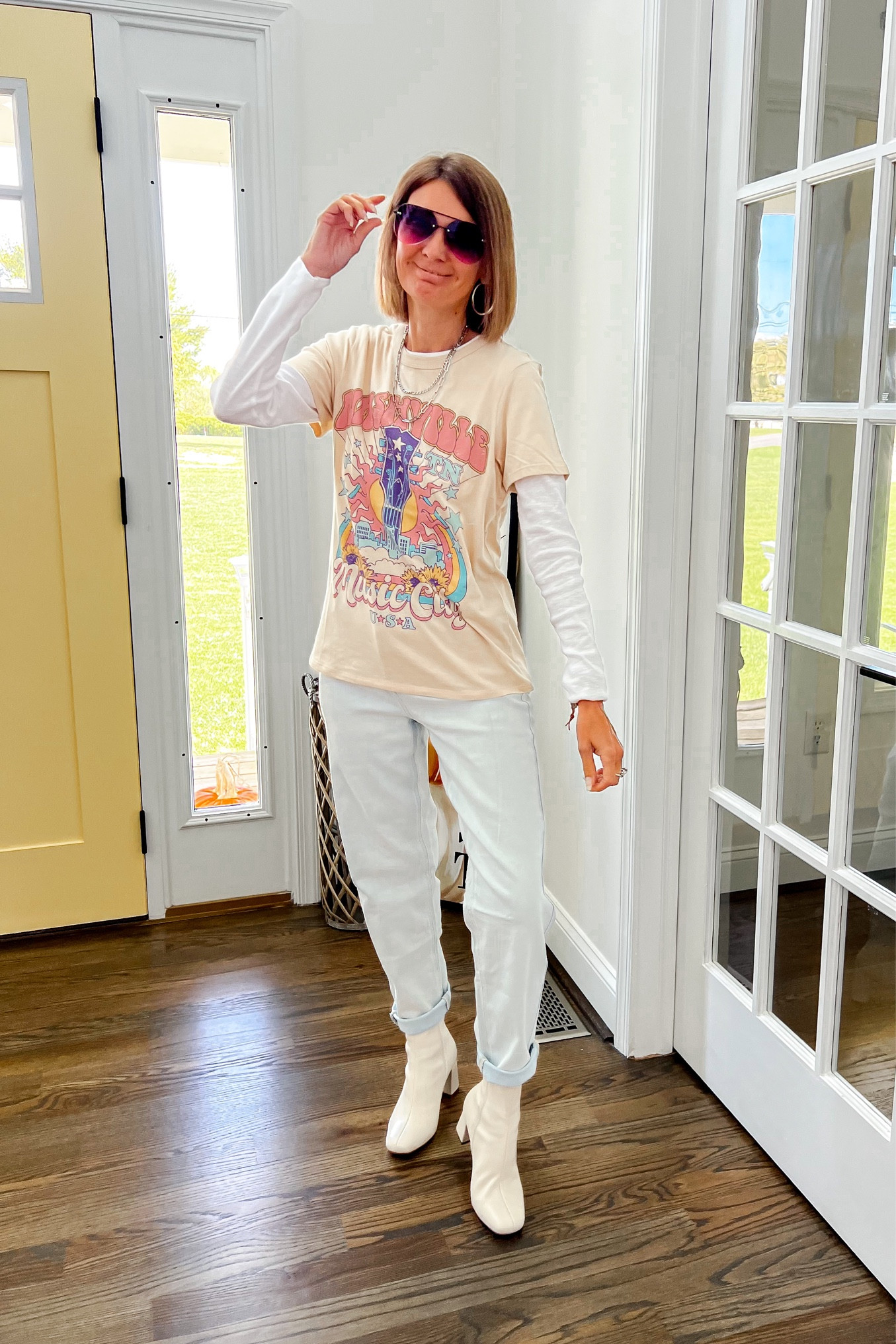 Target Music City t-shirt, Target white long sleeve tee, Target Super high-rise tapered jeans, Target cream boots, Amazon necklace, silver necklace, silver hoop earrings 
Currently 30% off Target apparel with Target circle 

Fall Fashion/fall style/fall look/petite style/causal outfit/everyday outfit

#LTKsalealert #LTKstyletip #LTKfindsunder50