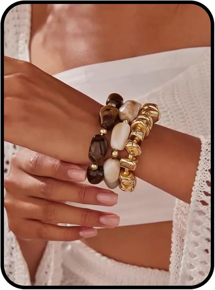 Gold Bracelet Stack For Women, 3Pcs Jade Vintage Chunky Stackable Stretch Boho Western Adjustable... | Amazon (US)