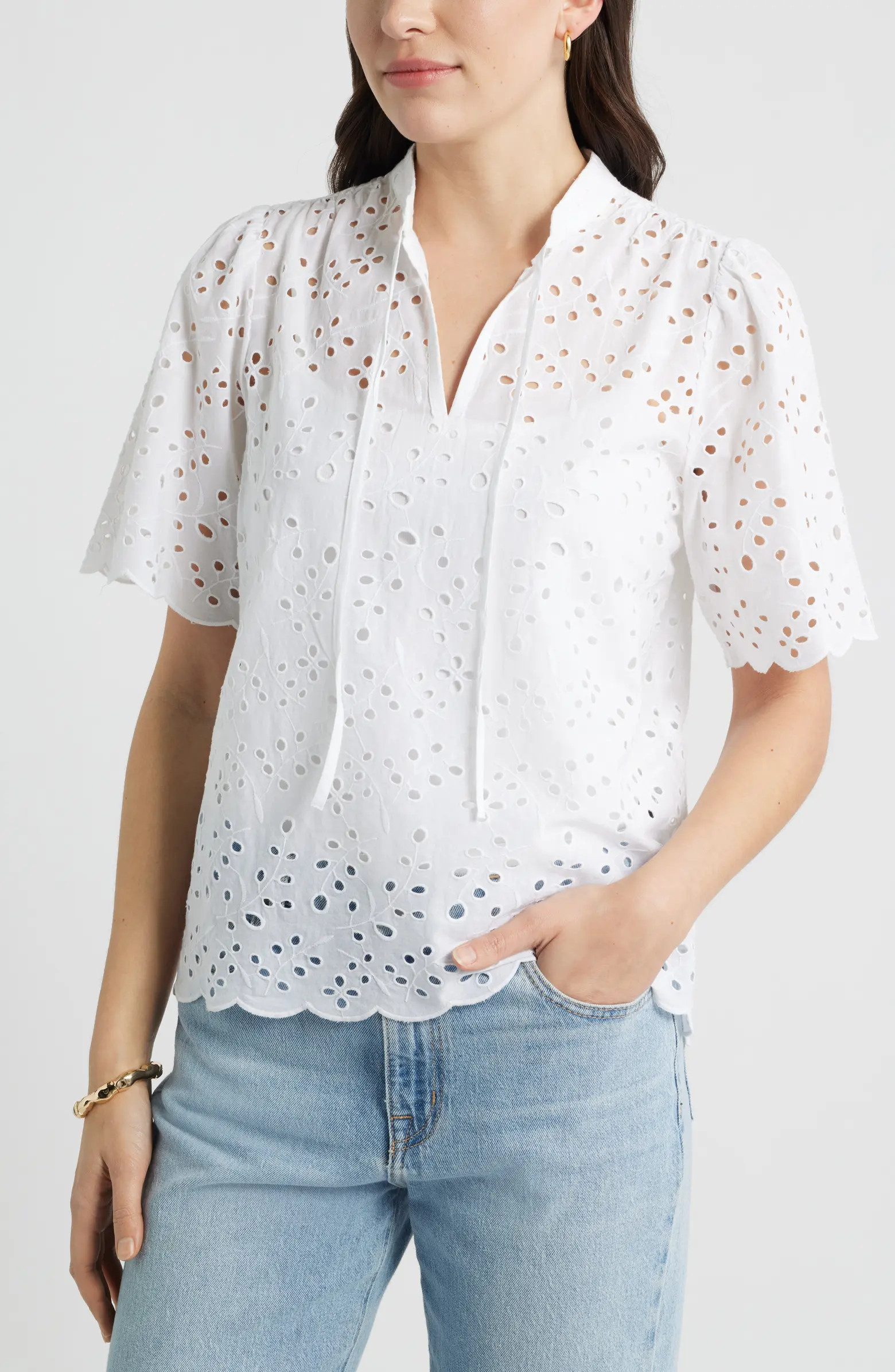 Eyelet Split Neck Cotton Top | Nordstrom