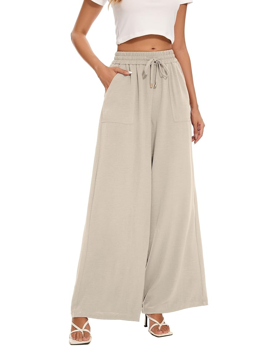 FUNYYZO 2025 Women Palazzo Pants High Waist Casual Wide Leg Long Lounge Pull On Trousers with Poc... | Amazon (US)