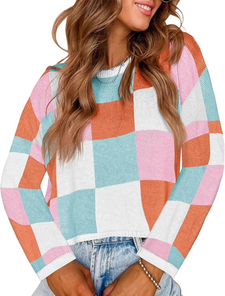 Saodimallsu Womens Cropped Sweater Checkered Color Block Fall Trendy Knit Crew Neck Long Sleeve O... | Amazon (US)