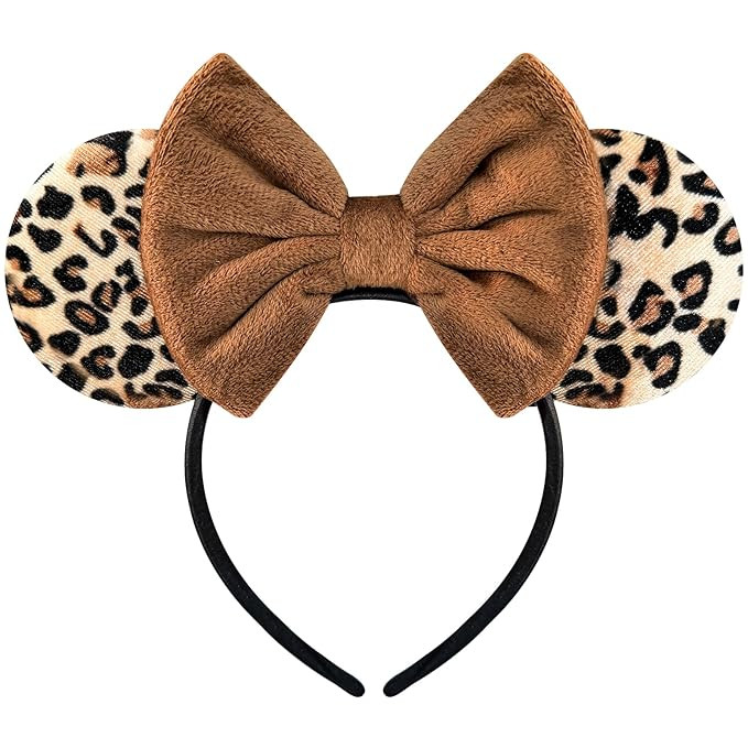 Leopard Print Mouse Ears Headband for Women, Brown Fuzzy Bows Park Ears, Cute Christmas Hairband | Amazon (US)