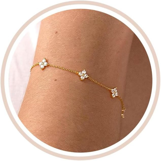 Dainty Silver Gold Bracelets for Women Trendy Non Tarnish 14K Gold Plated Cute Clover Bracelet Stackable Daisy Cubic Zirconia Diamond Charm Bracelet Stack Waterproof Jewelry Gifts | Amazon (US)
