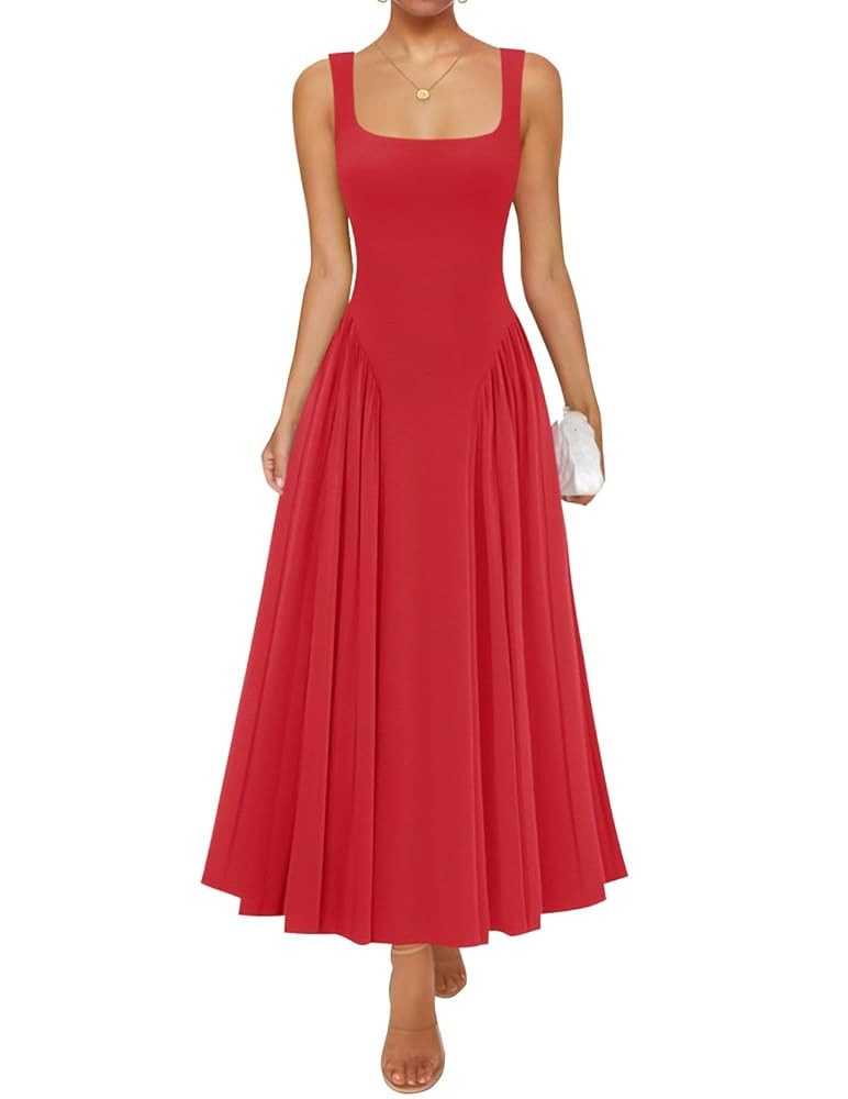 ZESICA Womens 2025 Summer Sleeveless Square Neck Sundress Casual Long Flowy A Line Knit Dress Bea... | Amazon (US)