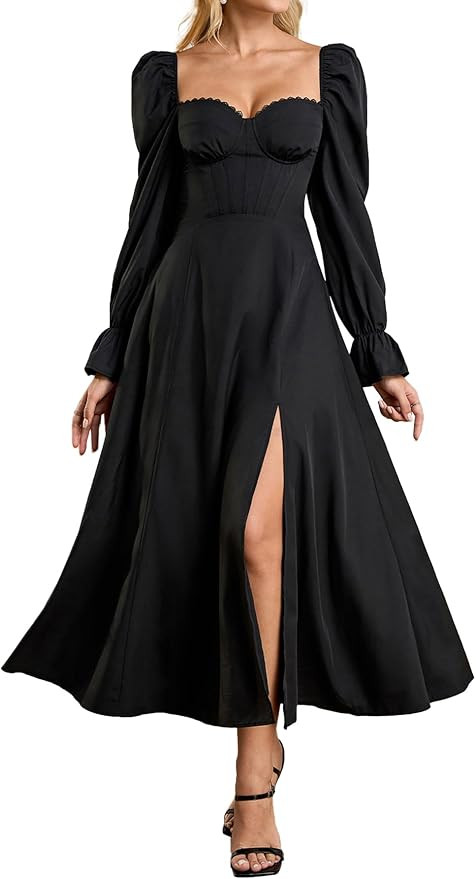 Women High Slit Long Sleeve Maxi Dress Fall Wedding Guest Sweetheart Neckline Casual Long Dresses | Amazon (US)