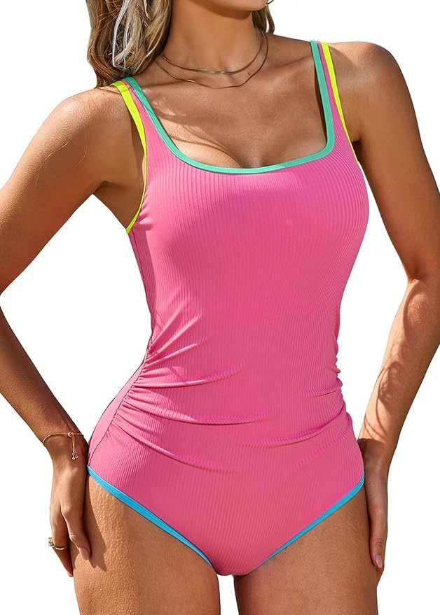 Charmo One Piece Swimsuit Women Ribbed Color Block Bathing Suit Tummy Control Slimming Swim Suits... | Amazon (US)