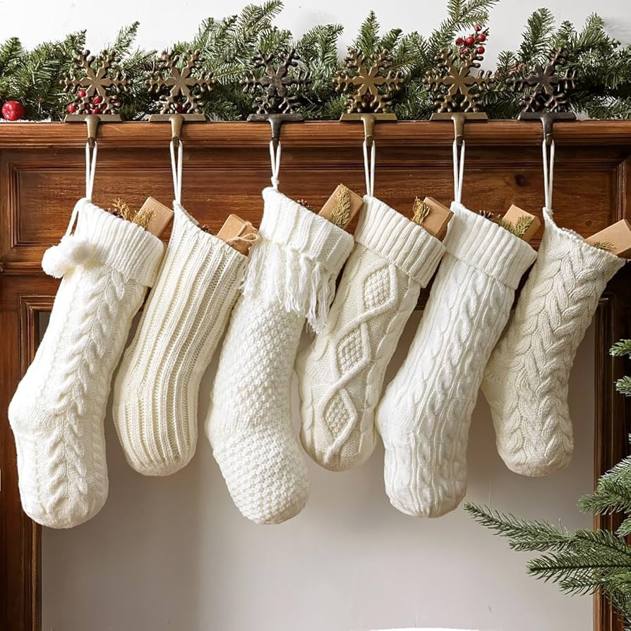 Christmas Stockings: 6 Pack Cream & White Cable Knit Patterns Fireplace Stockings, Rustic Hanging... | Amazon (US)