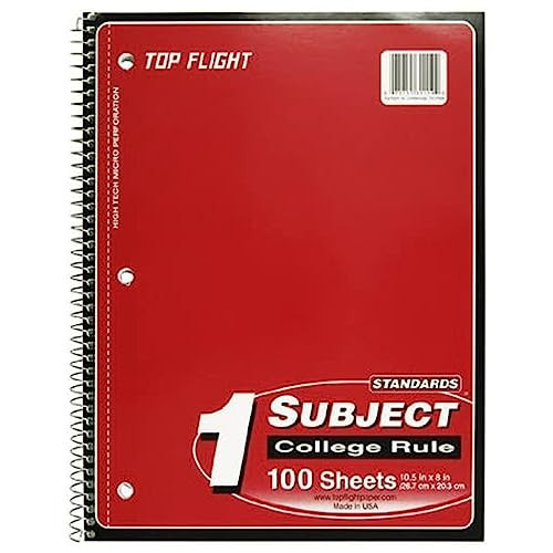 Top Flight Standards 1-Subject Wirebound Notebook, 100 Sheets, 3-Hole Punched, College Rule, 10.5 x 8 Inches, 1 Notebook, Color May Vary (31119) | Amazon (US)