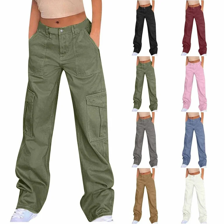 CFLVAEK Womens Cargo Pants with Pockets Casual Mid Rise Denim Pant Loose Fit Wide Leg Hiking Pant... | Walmart (US)