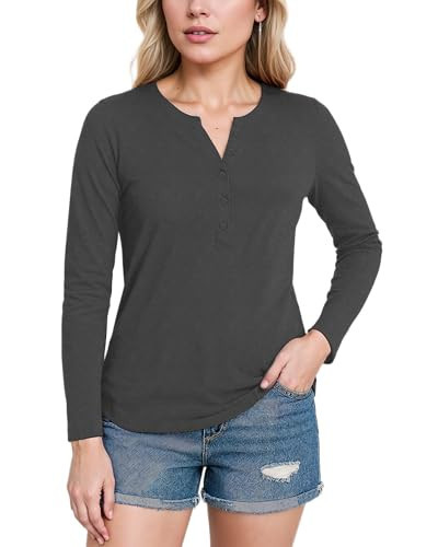 Decrum Gray Long Sleeve Shirt Women - Full Sleeves Henley Shirts Women(N) | [40049052] 5 Button Henley, S | Amazon (US)