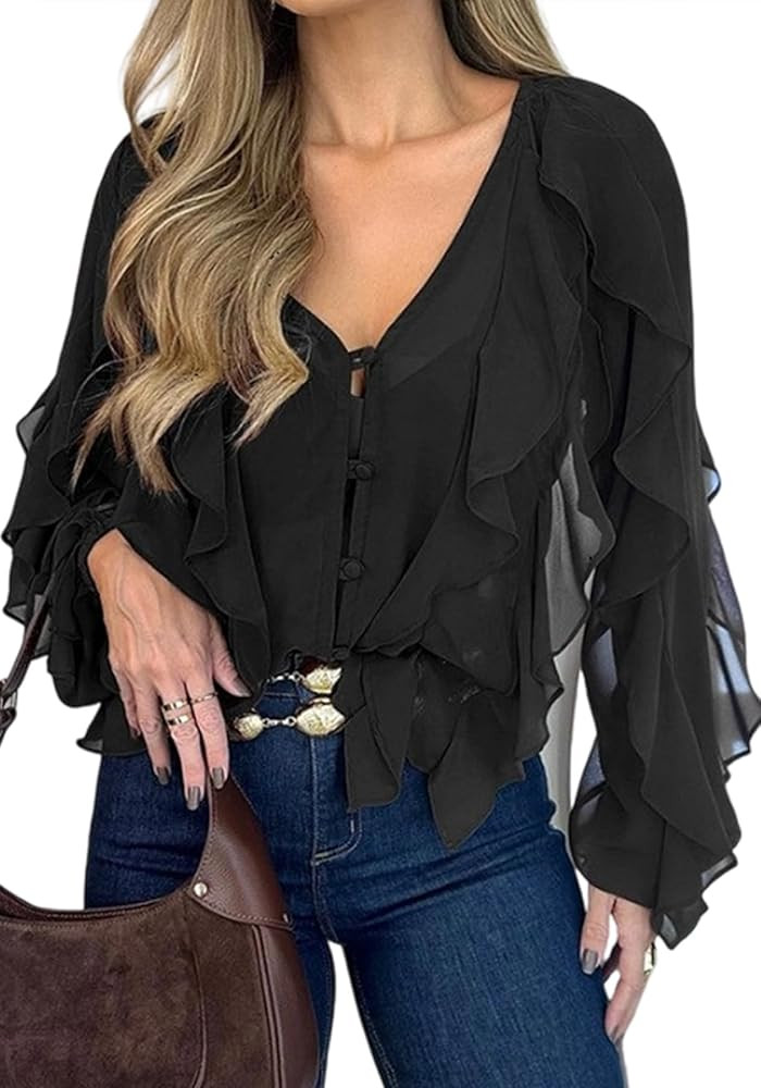 LETSVDO Women's Ruffle Chiffon Tops Puff Sleeve Sheer See Through Button Down V Neck Bubble Loose... | Amazon (US)