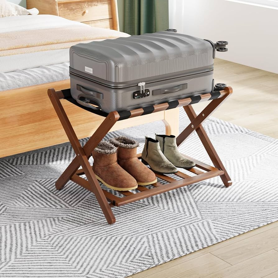 Smuxee Fully Assembled Walnut Luggage Rack, Upgraded Bamboo Foldable Suitcase Stand with 5 Nylon ... | Amazon (US)