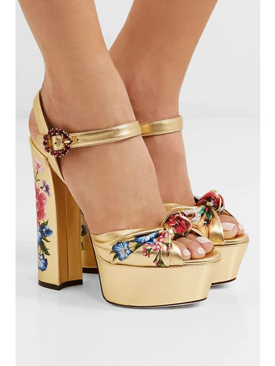 Knotted crystal-embellished floral-print metallic leather platform sandals | NET-A-PORTER (US)