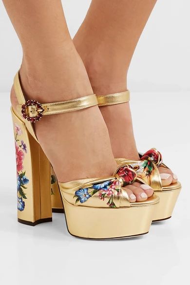 Knotted crystal-embellished floral-print metallic leather platform sandals | NET-A-PORTER (US)