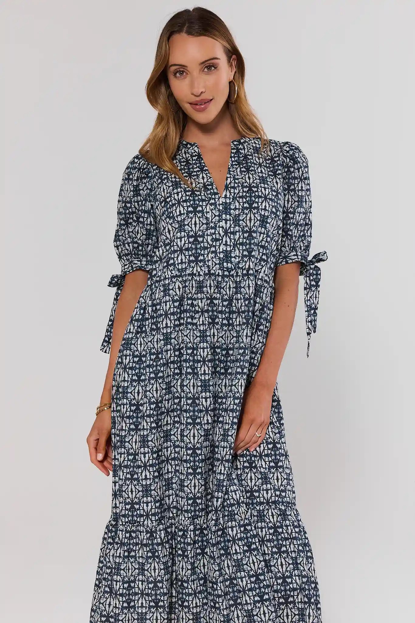 Navy Printed Tiered Midi Dress | Avara