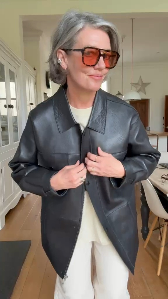 My Outfit of the Day! 
New glasses on stories 
Top size large
Jeans size 29/30
Leather jacket size medium 

Leather Jacket Outfit, Black And Cream Look, Casual Style, Everyday Spring Outfit, Wide Leg Cream Trousers, Oversized Sunglasses, Minimal Capsule Wardrobe, Monochrome Street Style, Effortless Daily Look, Spring Style, Spring Outfit 

#LTKsummer #LTKspring