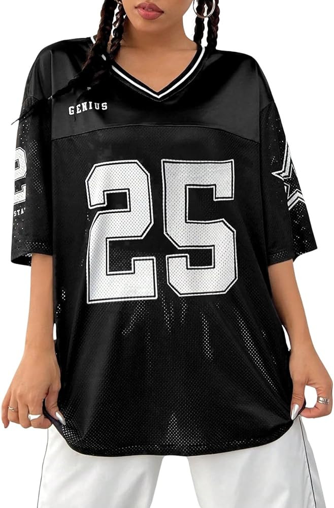 Verdusa Women's Jersey Shirts Graphic Tees Oversized Streetwear Letter Print T Shirt V Neck Tee T... | Amazon (US)