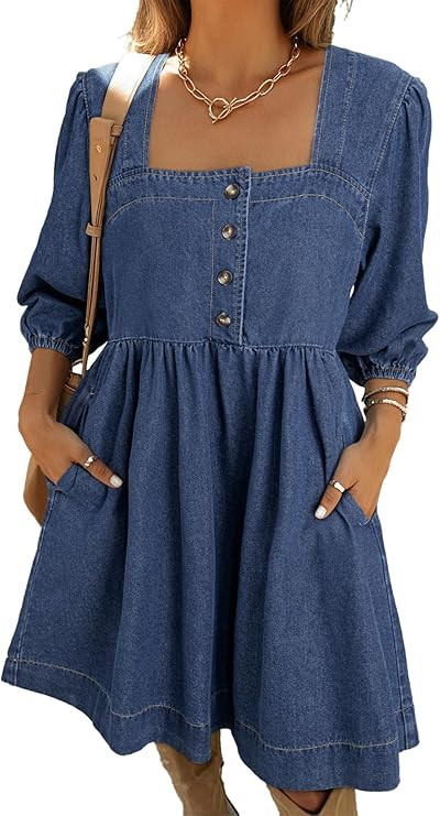 Sidefeel Women's Spring Outfit Denim Dress 3/4 Sleeve Loose Fit Square Neck Summer Jean Dresses w... | Amazon (US)